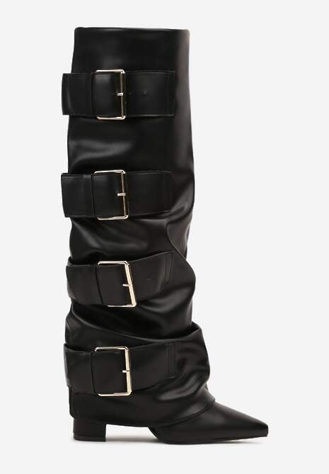 Czarne Kozaki na Słupku z Wywiniętą Cholewką i Klamrami Arullia