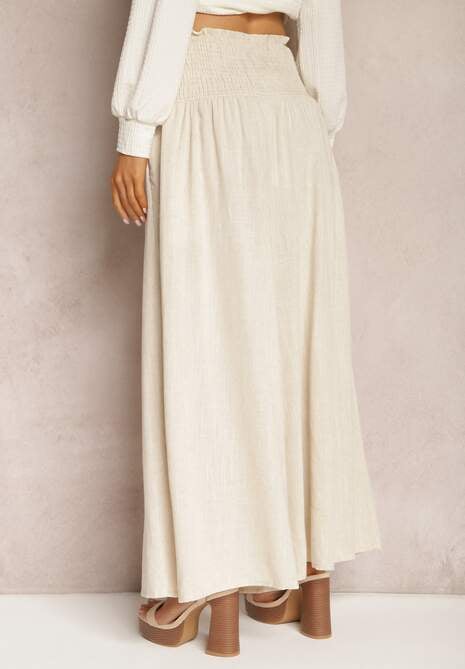 Beżowe Szerokie Spodnie Culottes z Bawełny z Gumką w Talii Ifletia
