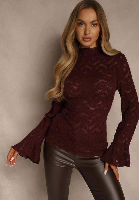 Bordowa Bluzka z Koronki ze Stójką i Falbankami przy Rękawach Nemira