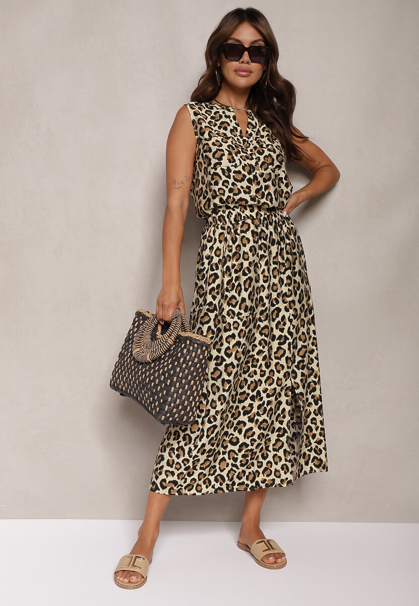 Brązowy Komplet z Dodatkiem Wiskozy w Panterkę Spódnica z Gumką w Talii Kopertowa Koszula Rilseria