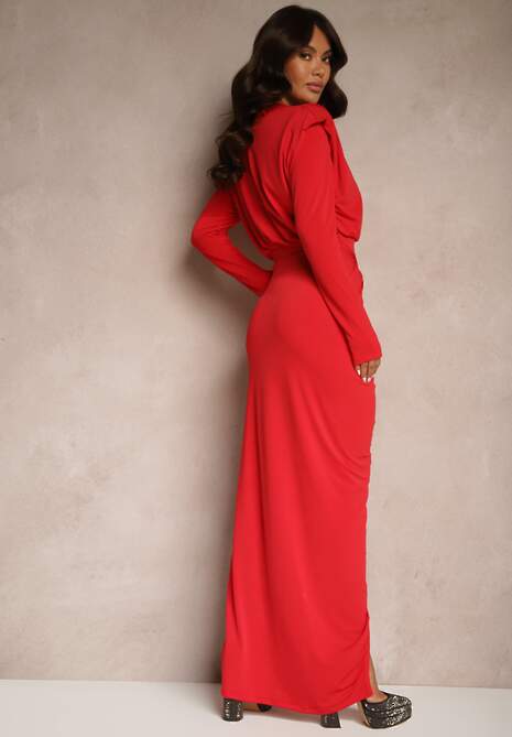 Czerwona Dopasowana Sukienka Koktajlowa Ozdobiona Marszczeniem Besini