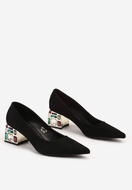 Czarne Szpiczaste Czółenka na Kwadratowym Obcasie z Imitacją Diamentów Lerisetta