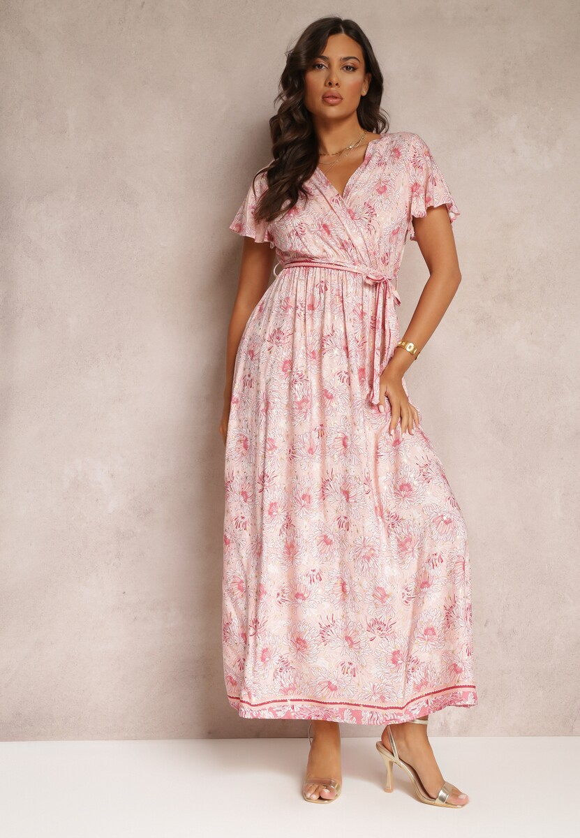 Jasnoróżowa Wiskozowa Sukienka z Metalicznym Wzorem i Gumką w Pasie Carinalia