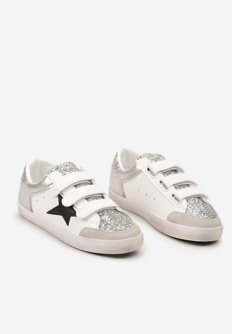 Srebrno-Białe Sneakersy Ozdobione Brokatem z Rzepami Dolanda