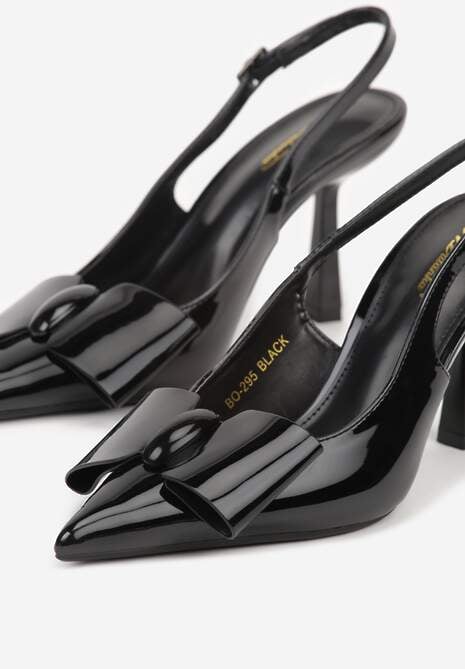 Czarne Szpilki Slingback z Lakierowanym Połyskiem Zdobione Kokardą Sewlira