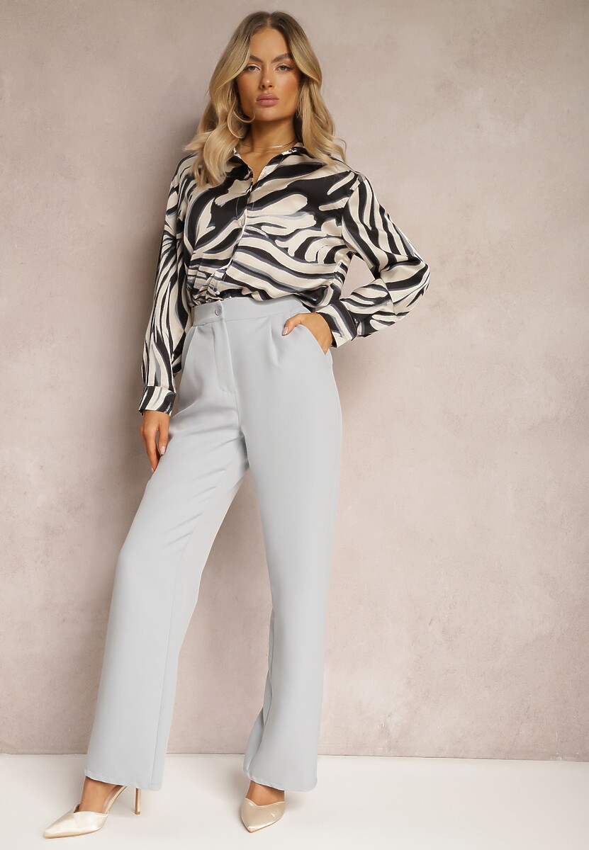 Szare Spodnie Garniturowe High Waist z Kieszeniami Denera