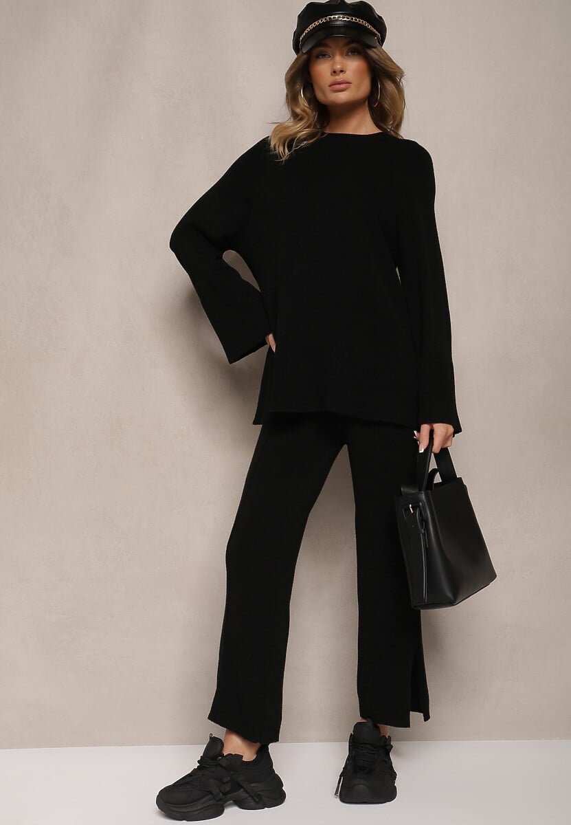 Czarny Dzianinowy Komplet z Wiskozą Sweter i Spodnie z Rozcięciami i Gumką w Pasie Malwizelle