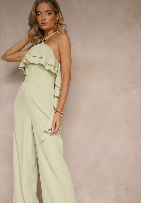 Zielony Asymetryczny Kombinezon Ozdobiony Metaliczną Aplikacją Tilfina