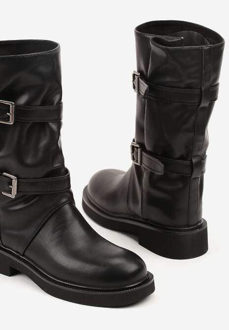 Czarne Botki Biker Boots z Marszczoną Cholewką i Paskami ze Sprzączkami Sinesa