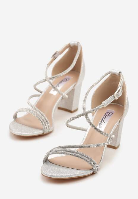 Srebrne Sandały na Słupku z Cyrkoniami i Brokatem Silanelle