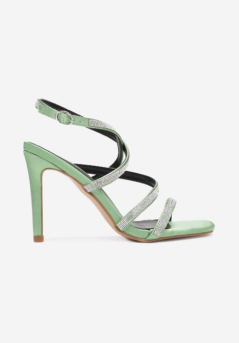 Zielone Sandały na Szpilce z Kwadratowym Noskiem i Cyrkoniami Natale