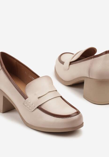 Beżowe Półbuty Typu Loafersy na Słupku ze Skórzaną Wkładką Meviquea