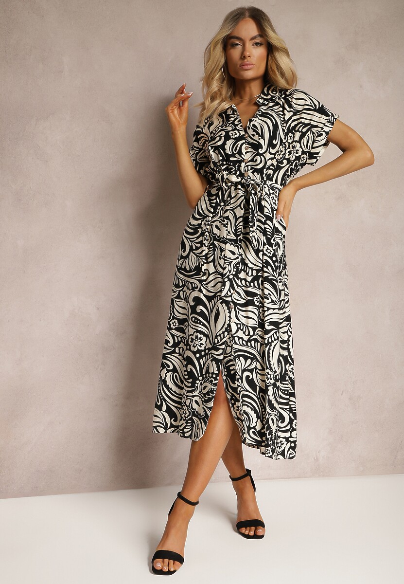 Czarna Sukienka o Koszulowym Kroju z Gumką w Talii z Materiałowym Paskiem i Guzikami Foliana