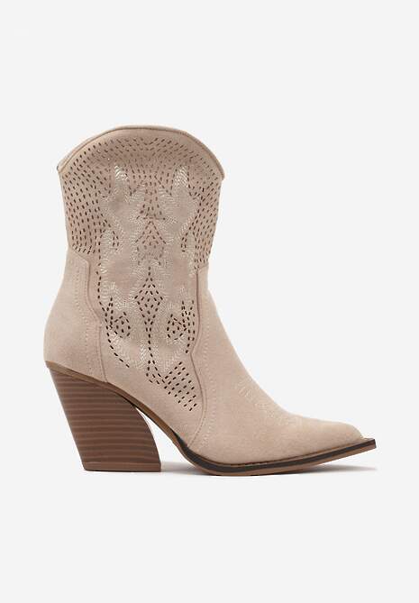 Beżowe Ażurowe Botki Kowbojki na Stożkowym Obcasie Leanorin
