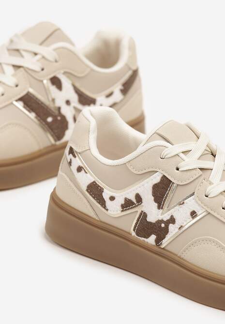 Beżowe Sneakersy Ozdobione Geometrycznym Motywem w Krowie Łaty Benike
