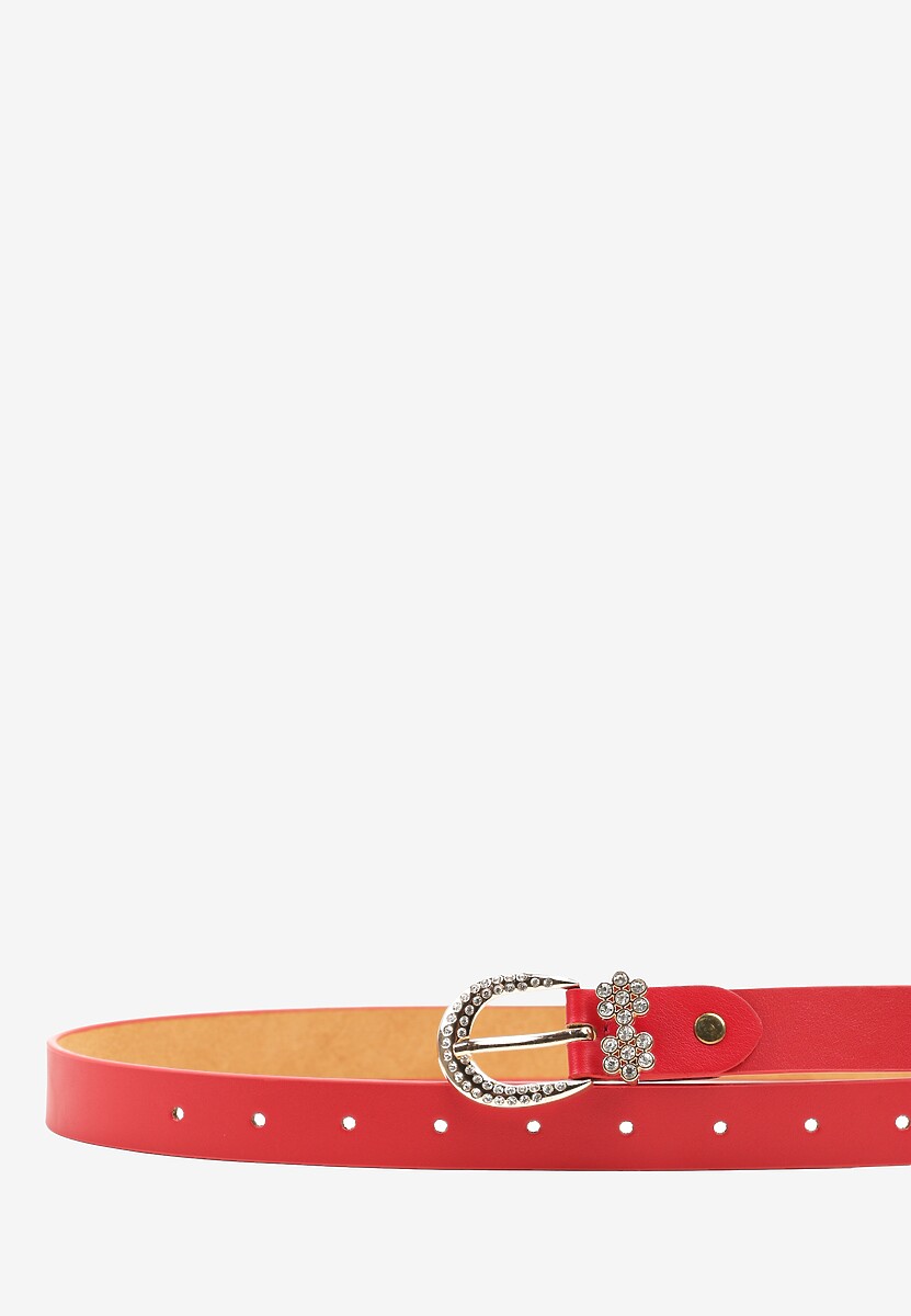 Czerwony Pasek z Aplikacjami w Kształcie Kwiatków i Ozdobną Sprzączką Tinasol