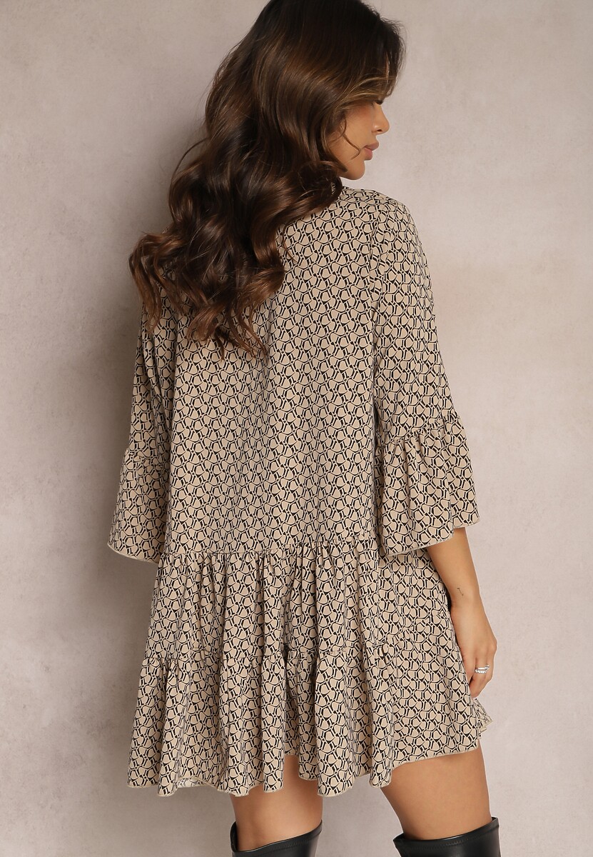 Brązowa Sukienka Mini o Rozkloszowanym Fasonie z Trójkątnym Dekoltem i Falbanką Todirra