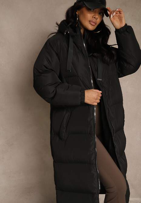 Czarna Długa Kurtka Pikowana z Kapturem Serea