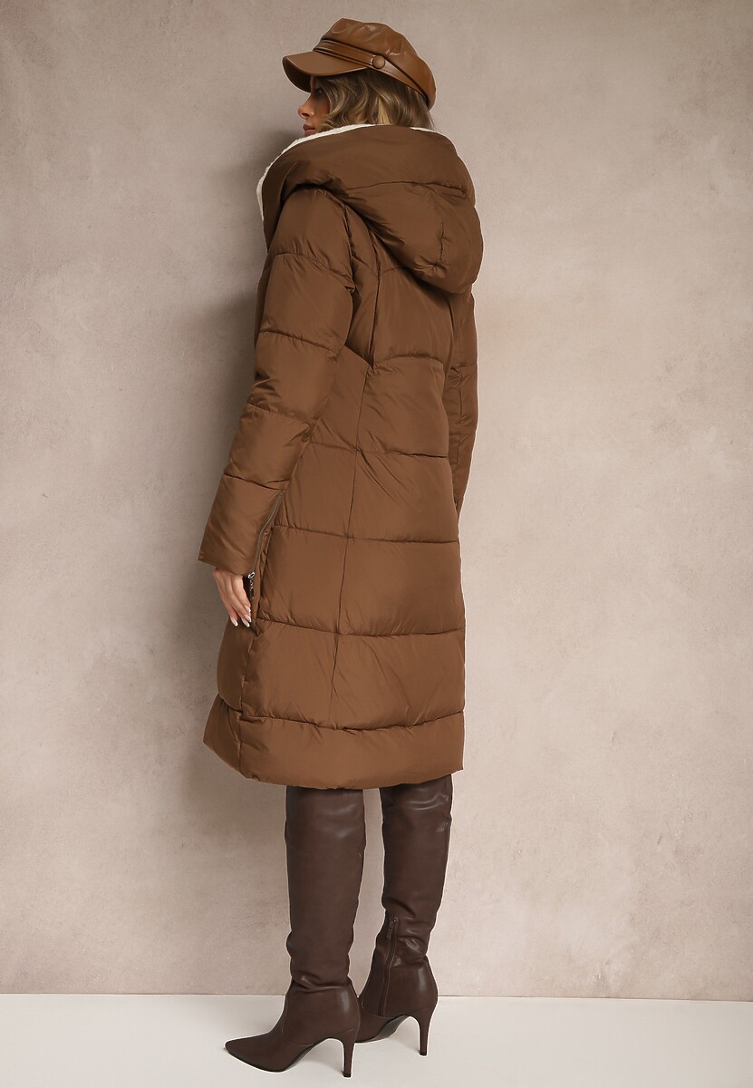 Brązowa Długa Kurtka Pikowana z Kapturem Wiązana w Pasie Neanethra