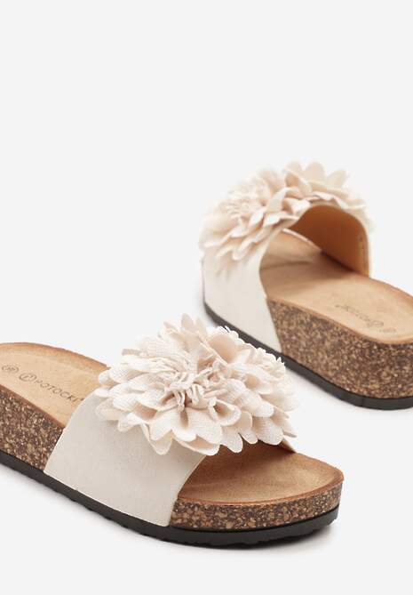 Beżowe Klapki na Platformie i Koturnie Ozdobione Kwiatem 3D Meraniela
