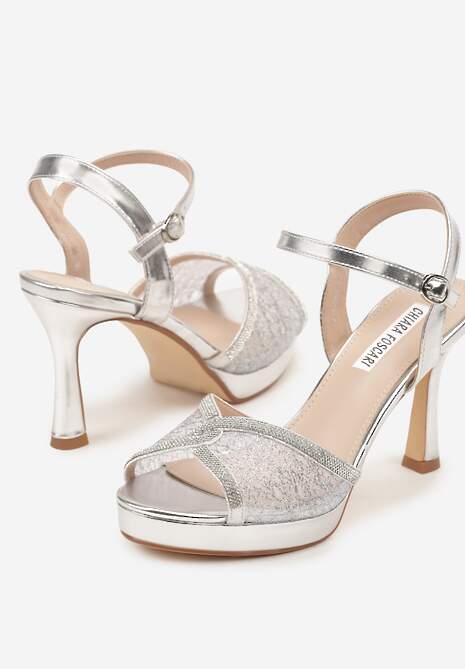 Srebrne Sandały na Szpilce Ozdobione Motywem Cyrkonii i Koronki Fodinna