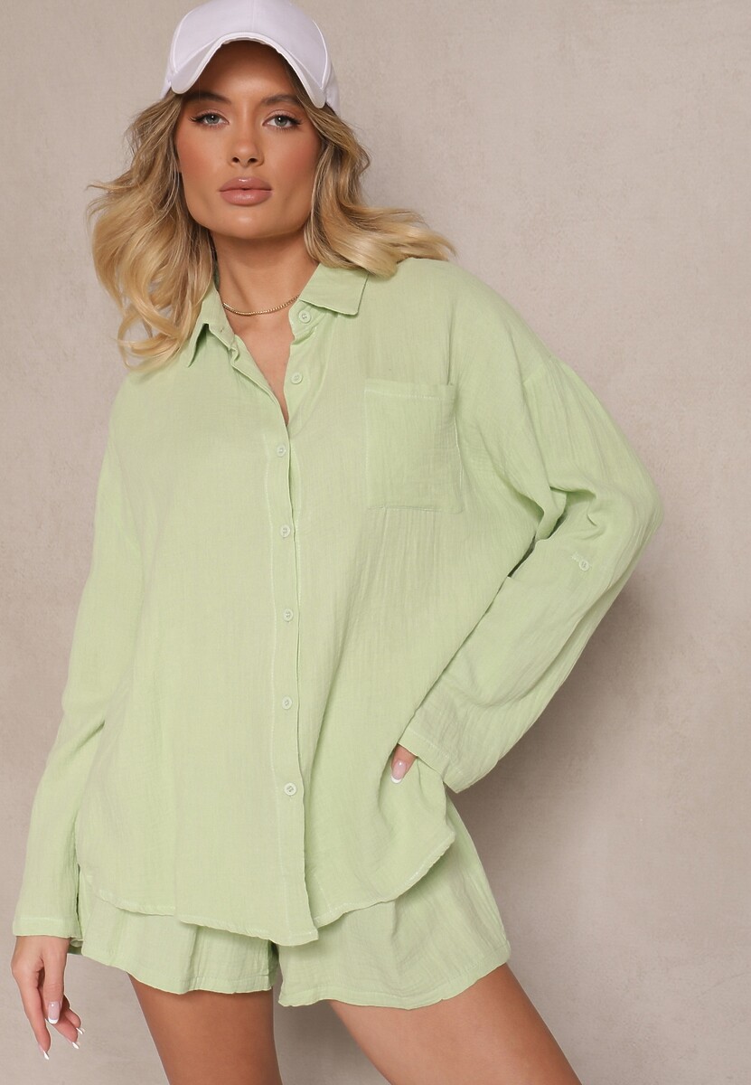 Jasnobeżowy Komplet z Bawełny Szorty i Koszula z Regulacją przy Rękawach Eleamari