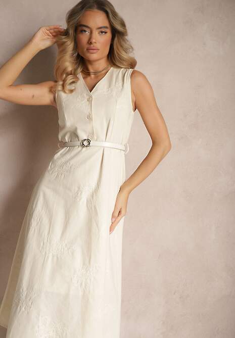 Jasnobeżowa Rozkloszowana Sukienka z Wiskozą z Paskiem i Guzikami Ulisena