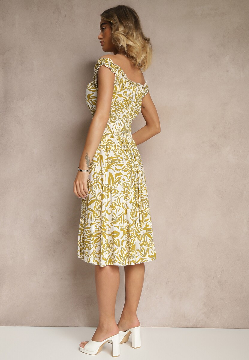 Jasnozielona Rozkloszowana Sukienka z Bawełny z Guzikami Lisanissea