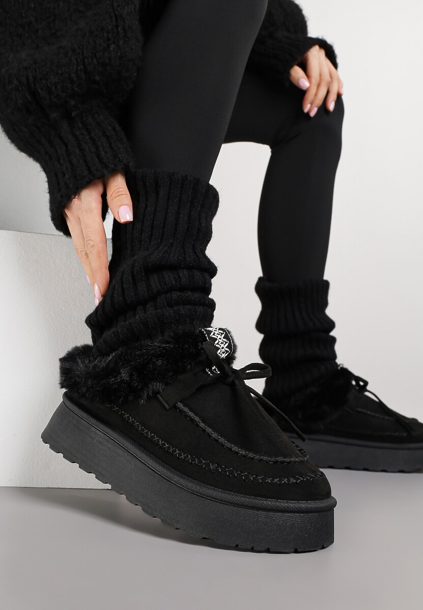 Czarne Rustykalne Śniegowce z Niską Cholewką Zdobione Futrem i Kokardą Tuspena