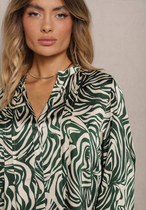 Zielono-Beżowa Rozkloszowana Sukienka Mini w Koszulowym Stylu z Falbanką i Ozdobnym Wzorem Bevina