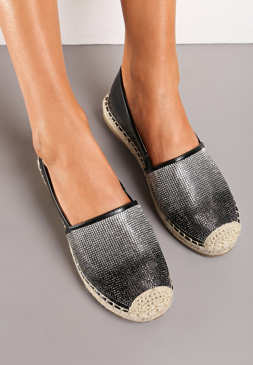 Czarne Płaskie Espadryle z Plecionką i Cyrkoniami Dadessa