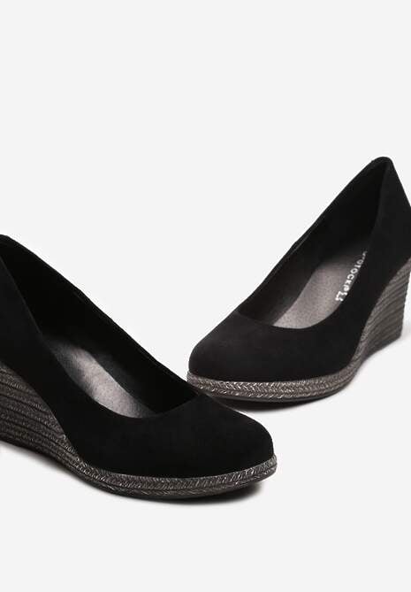 Czarne Czółenka Vices na Koturnie z Błyszczącej Plecionki ze Skórzaną Wkładką Utruste