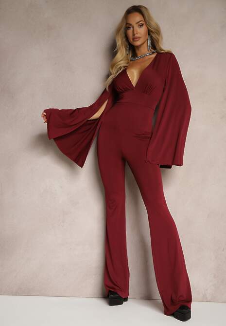 Bordowy Dopasowany Kombinezon z Rozkloszowanymi Rękawami i Głębokim Dekoltem Andrika