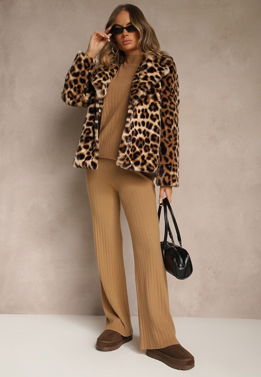 Brązowy Komplet z Dzianiny z Bawełną Spodnie Wide Leg i Sweter Lanneia