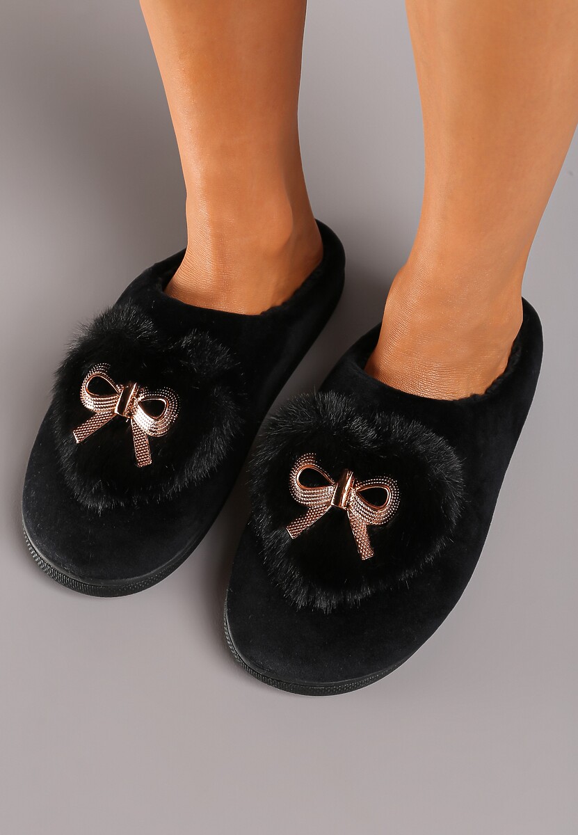 Czarne Kapcie na Płaskiej Podeszwie z Kokardą Lerilina