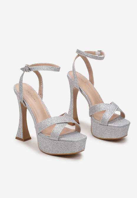 Srebrne Brokatowe Sandały na Klepsydrowej Szpilce i Wysokiej Platformie Zarissa