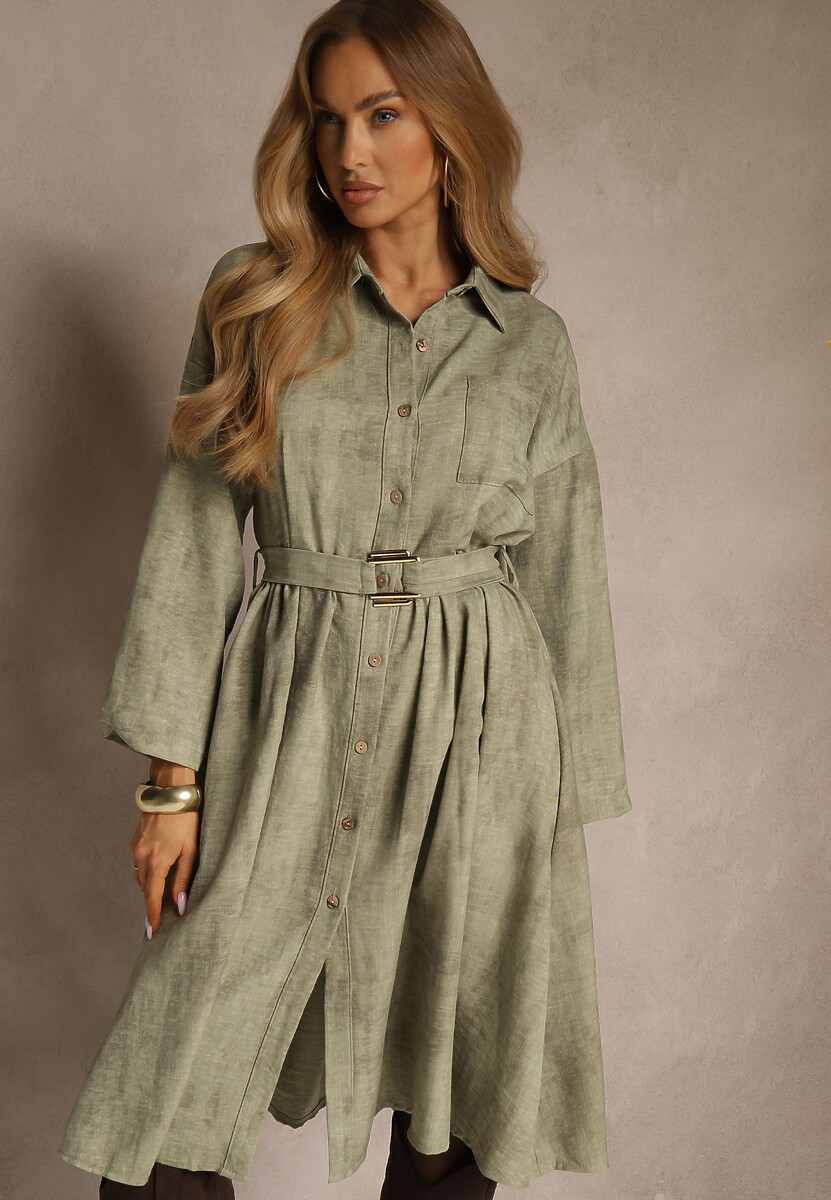 Niebieska Sukienka Koszulowa z Paskiem z Klamrą i Kieszonką Parmio