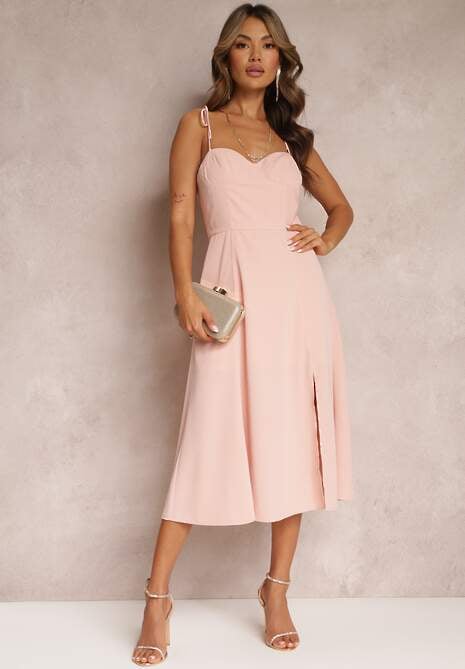 Różowa Rozkloszowana Sukienka Midi z Rozcięciem na Ramiączkach Josine