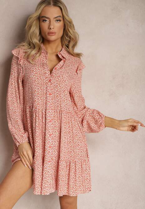 Różowa Mini Sukienka o Rozkloszowanym Kroju w Kwiaty z Falbankami Limrena