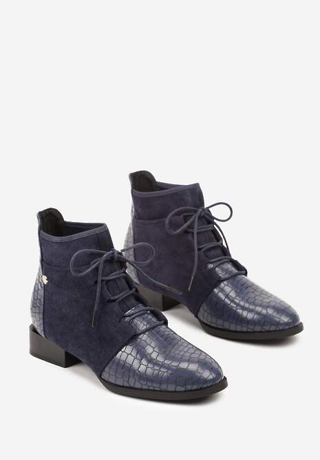 Granatowe Sznurowane Botki do Kostki Vices Zdobione Tłoczeniem Skóry Węża Wedvire