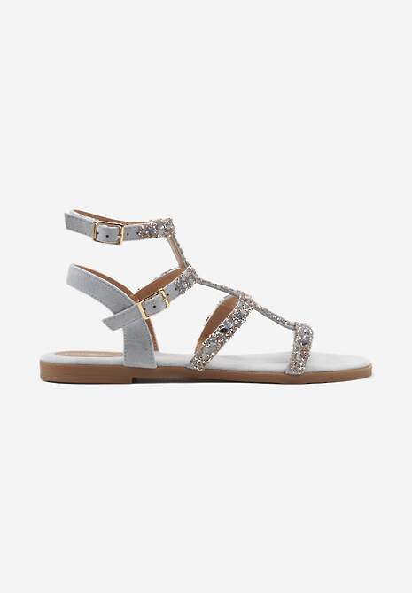 Jasnoniebieskie Sandały z Kamyczkami i Cyrkoniami ze Sprzączką przy Kostce Risaja