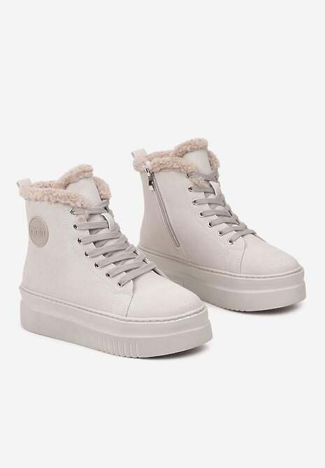 Szare Botki na Platformie ze Sznurowaniem Tłoczoną Aplikacją i Futerkiem Esadwenna