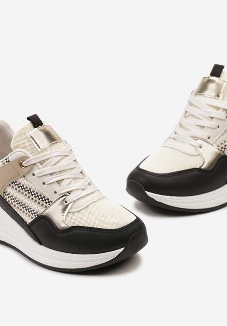 Beżowo-Czarne Sneakersy z Niskim Koturnem i Ozdobnymi Wstawkami Ysabeltia