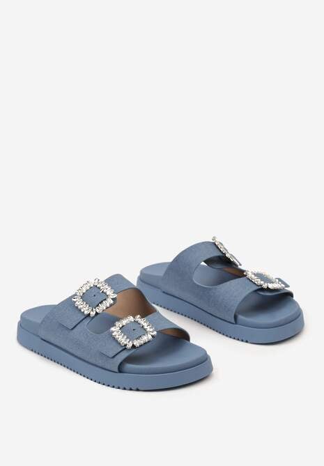 Niebieskie Klapki z Cyrkoniami i Dwoma Paskami na Klamerki Hallotia