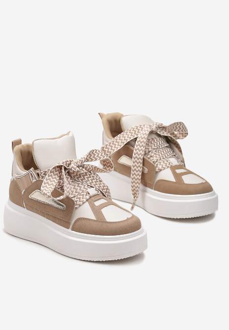 Beżowe Sneakersy Na Niskiej Platformie z Szerokimi Sznurówkami we Wzorek Vidira