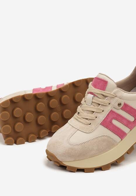 Beżowo-Fuksjowe Sneakersy ze Skóry Naturalnej Ozdobione Geometrycznym Wzorem Melassea