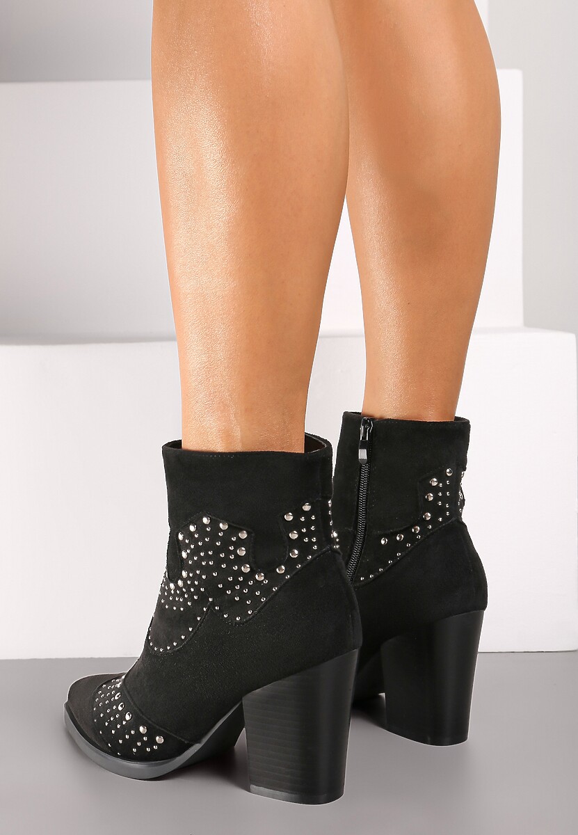 Czarne Botki na Kwadratowym Obcasie Bogato Zdobione Nitami Felonna