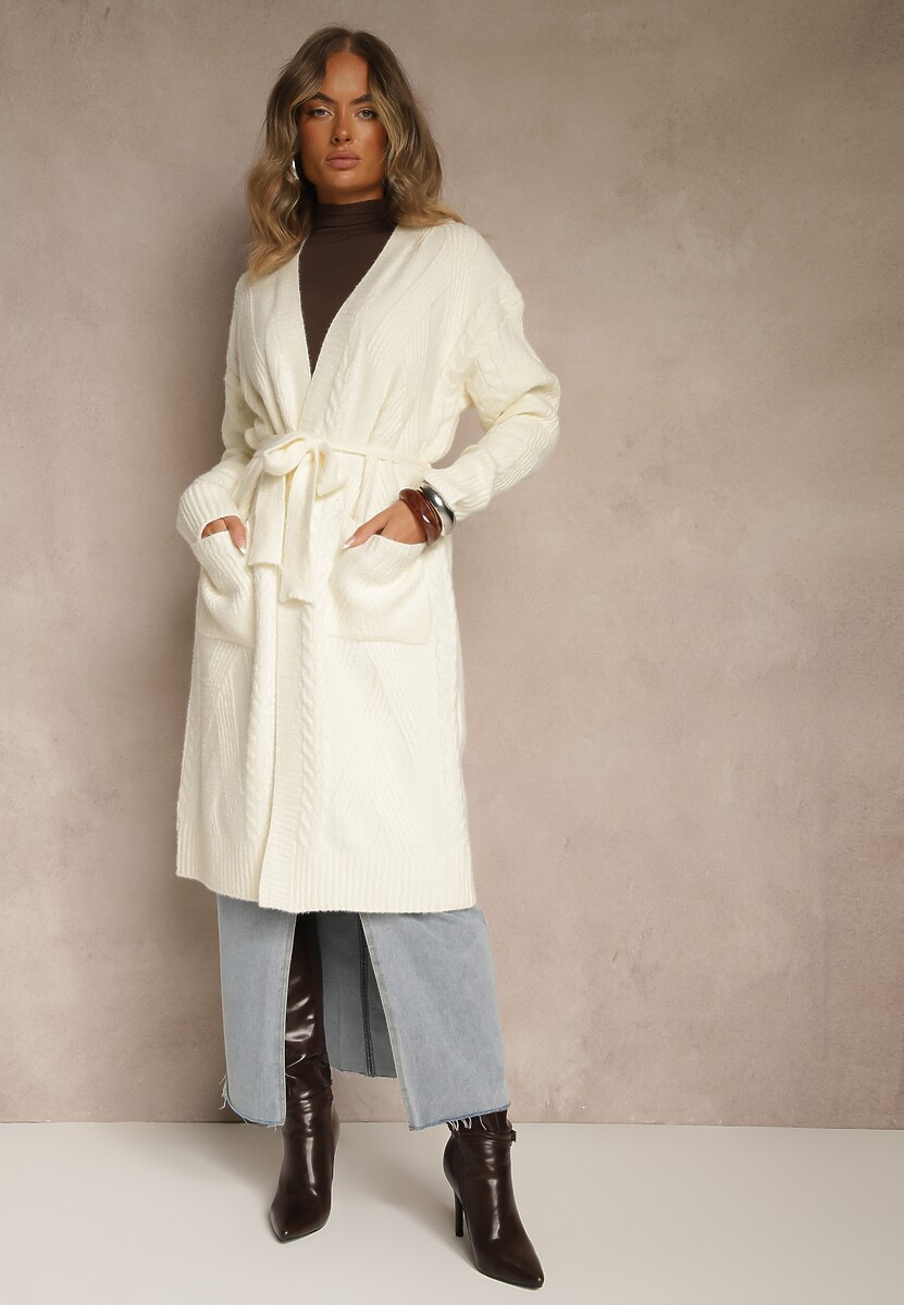 Jasnobeżowy Tłoczony Kardigan z Wełną o Kroju Bez Zapięć z Paskiem Dorrive