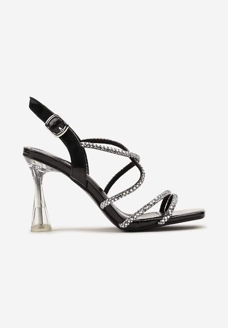 Czarne Sandały na Transparentnym Klepsydrowym Obcasie z Łańcuszkowymi Paseczkami Xalarias