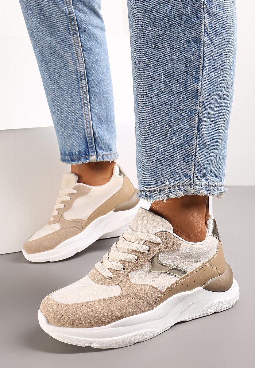 Ciemnobeżowe Sneakersy na Grubej Podeszwie z Ozdobnymi Wstawkami Alechan